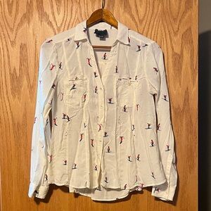 Maeve White Shirt with Red and Blue Skiers